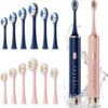 Blue & Pink Electric Toothbrush for Adults, USB Rechargeable Sonic Toothbrush with 12 Brush Heads